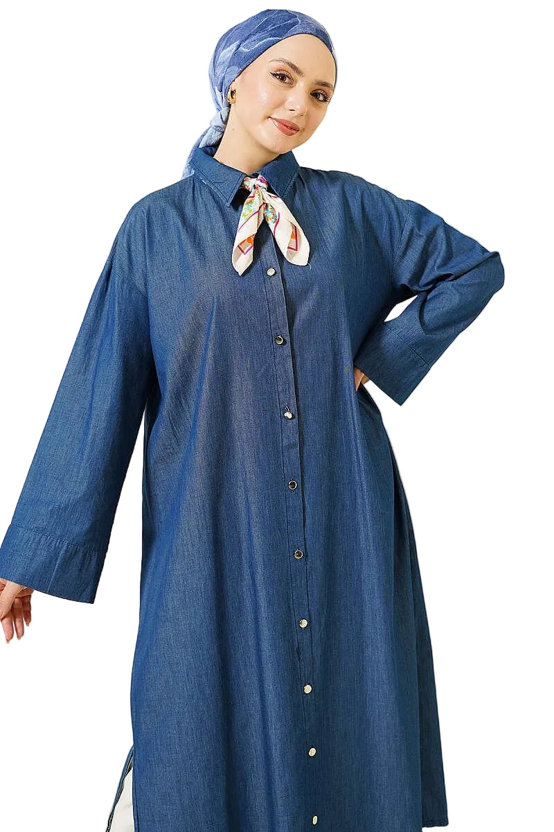 Loose-Fit Long Denim Tunic Dress with Metal Buttons [Pre-Order]