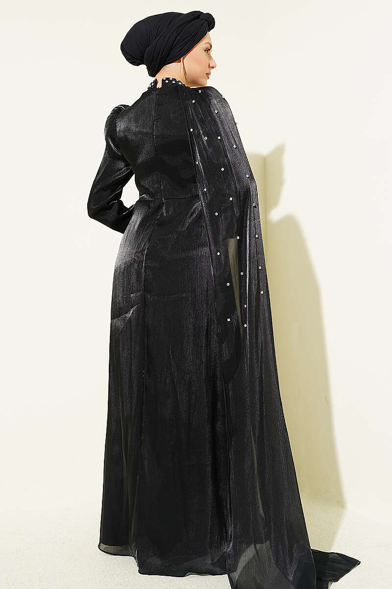Modest One-Shoulder Cape Evening Dress with Embellishment – Brown