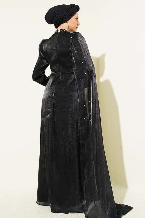 Modest One-Shoulder Cape Evening Dress with Embellishment – Brown
