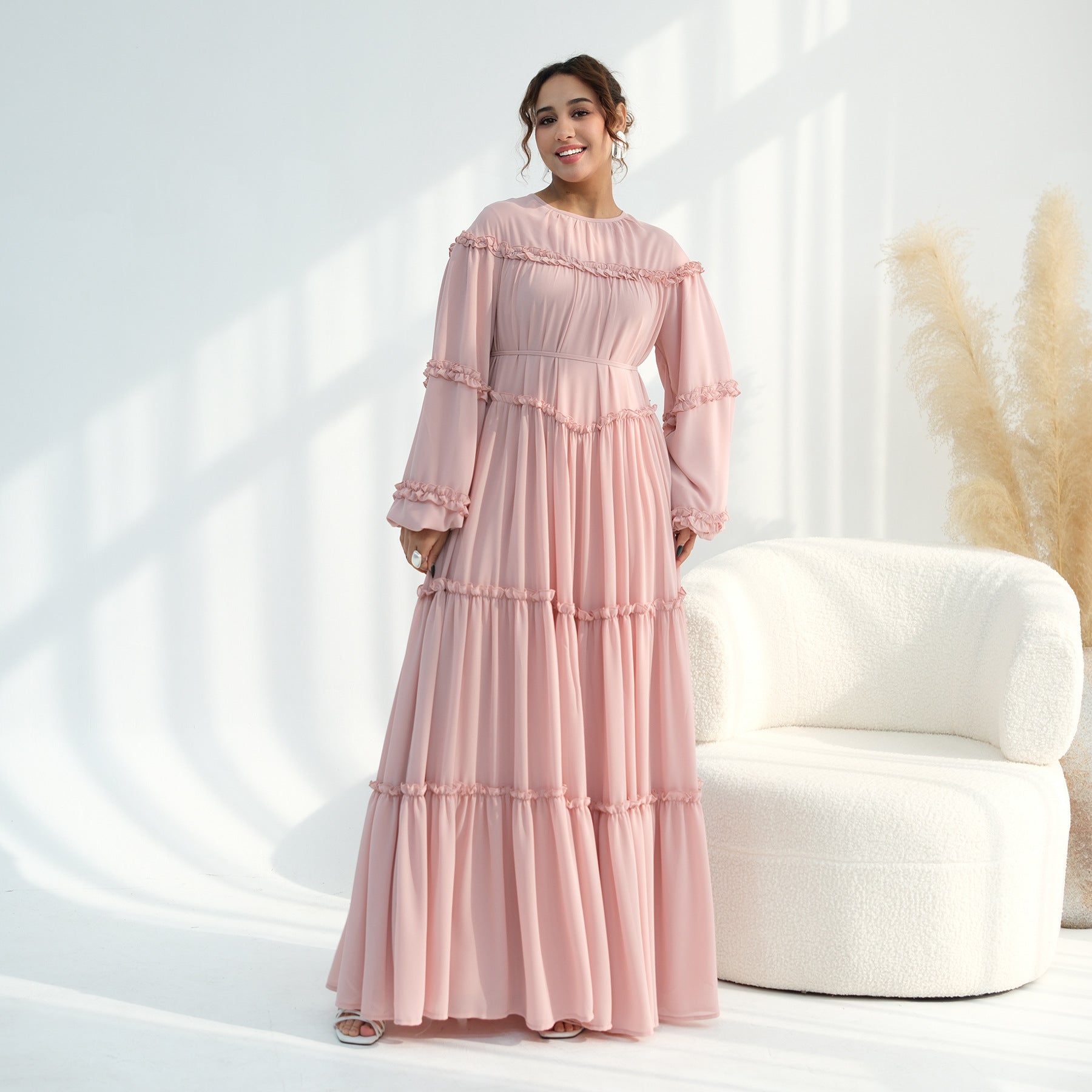 Lace-Trimmed Tiered Modest Dress - Long Sleeve A-Line Maxi