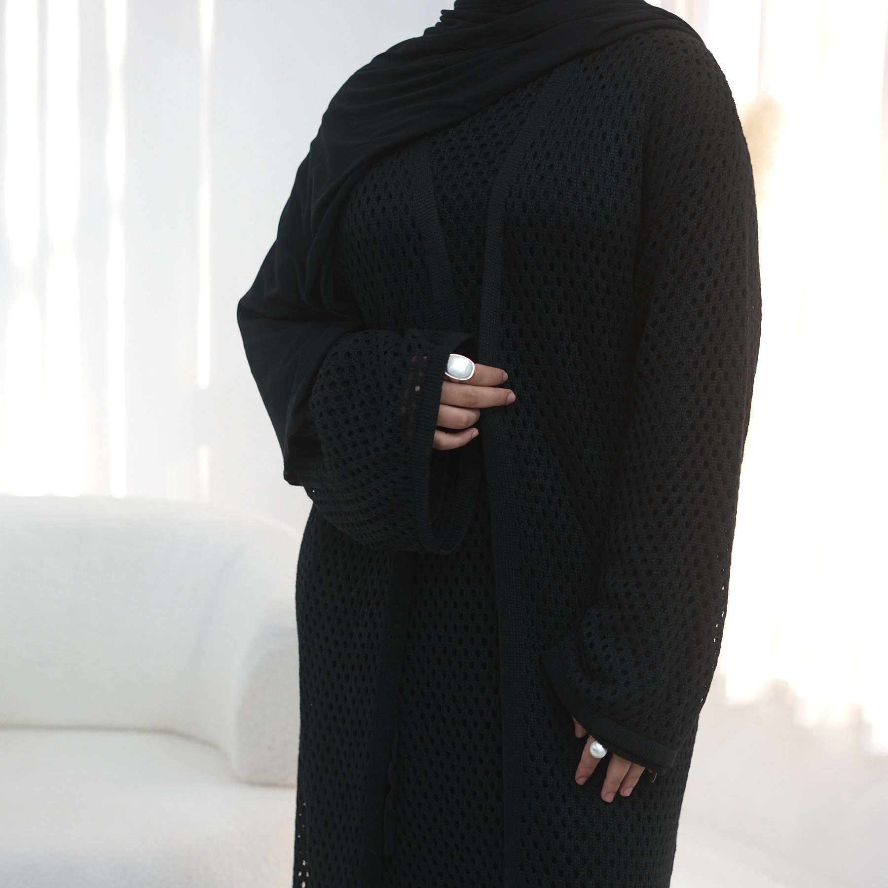 Elegant Hollow-Out Knit Dress - Modest A-Line Long Sleeve