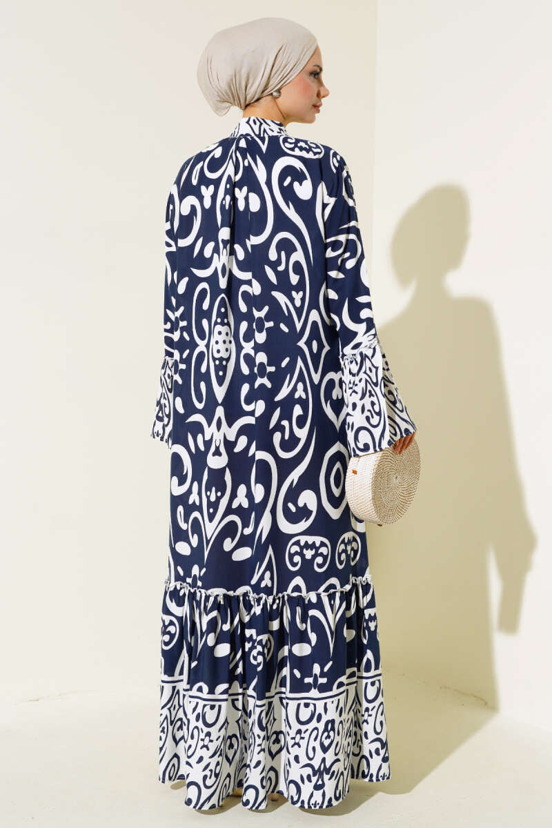 Ethnic Print Buttoned Maxi Dress — Navy Blue