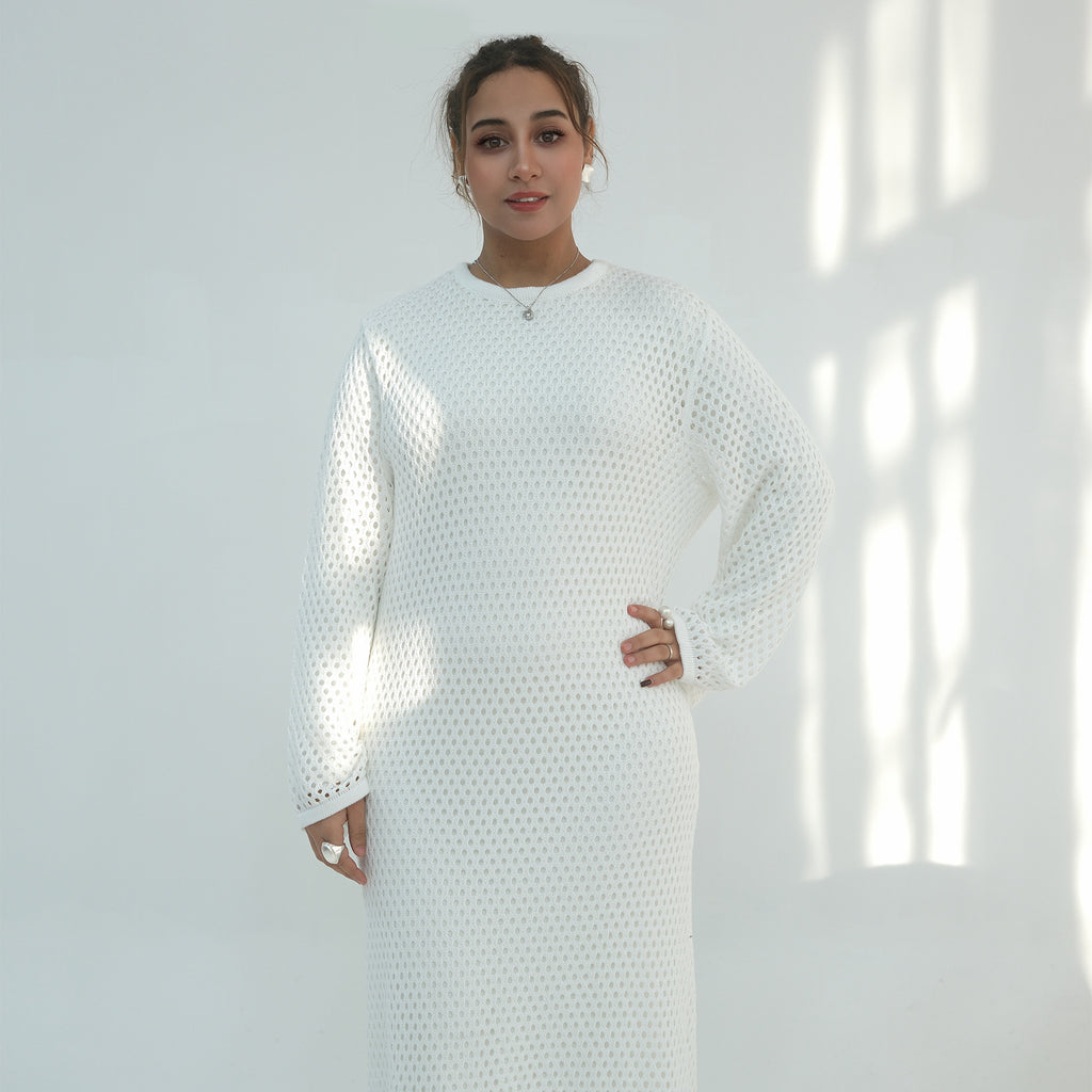 Elegant Hollow-Out Knit Dress - Modest A-Line Long Sleeve Abaya Dress