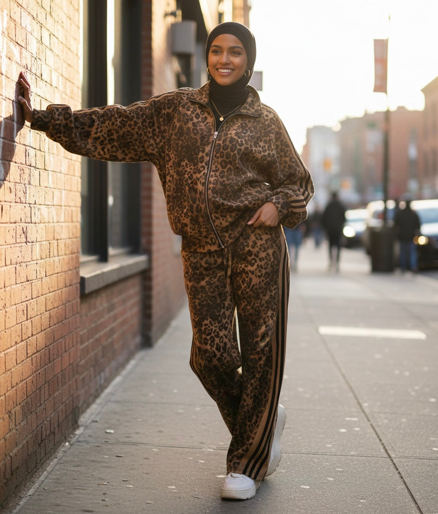 Person wearing a leopard print tracksuit standing on a city sidewalk.