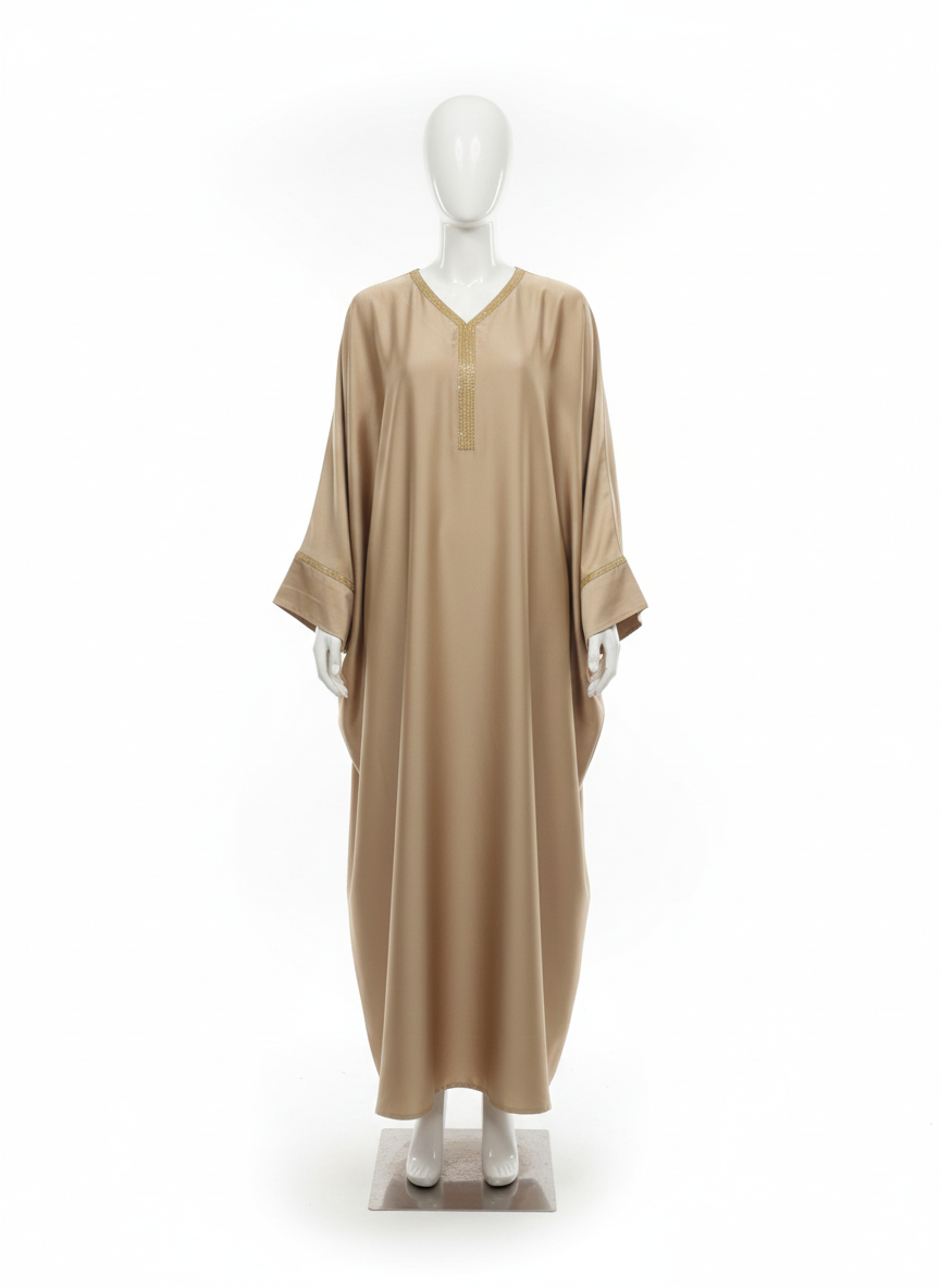 Beige long dress on a mannequin against a white background