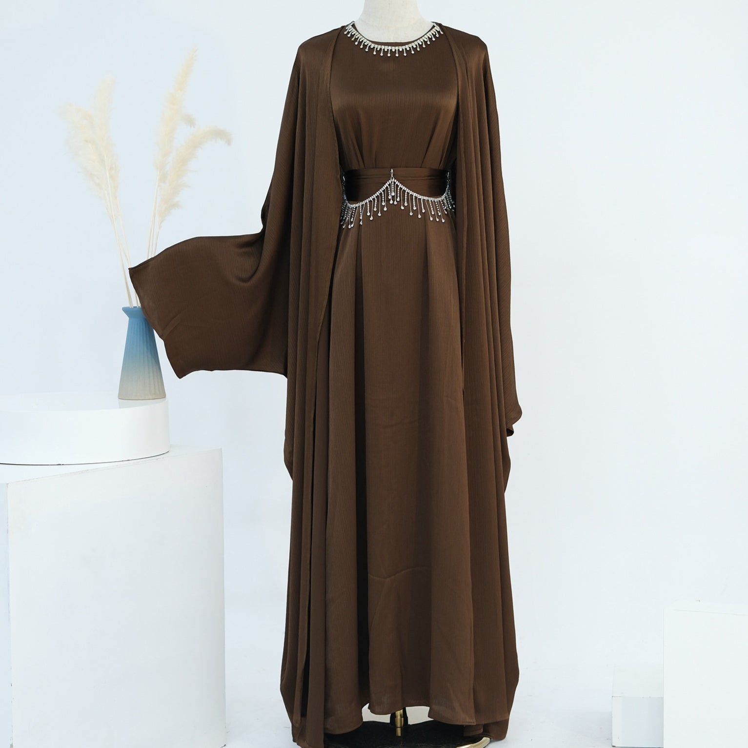 Crystal Chain Two-Piece Abaya Set | Luxury Modest Suit