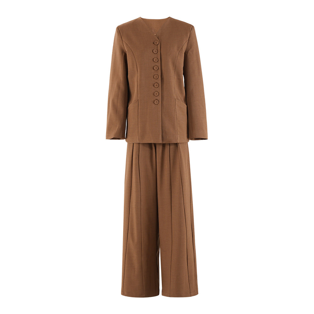 Female V-neck Single Breasted Jacket Long Pants Set
