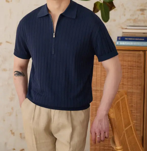 Men’s Linen Blend Lapel Zipper Stripe Short Sleeve T-shirt