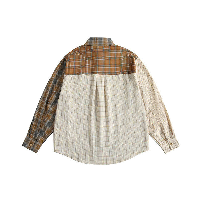 American Retro Irregular Stitching Contrast Colour Check Long Sleeve Shirt