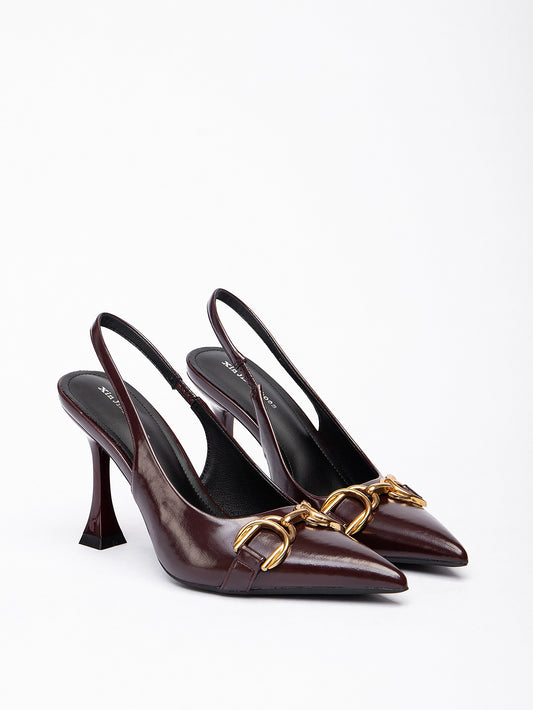Women's Large-sized Pointed-Toe Shoes, Metal Square High-heeled Shoes with Backheel Straps