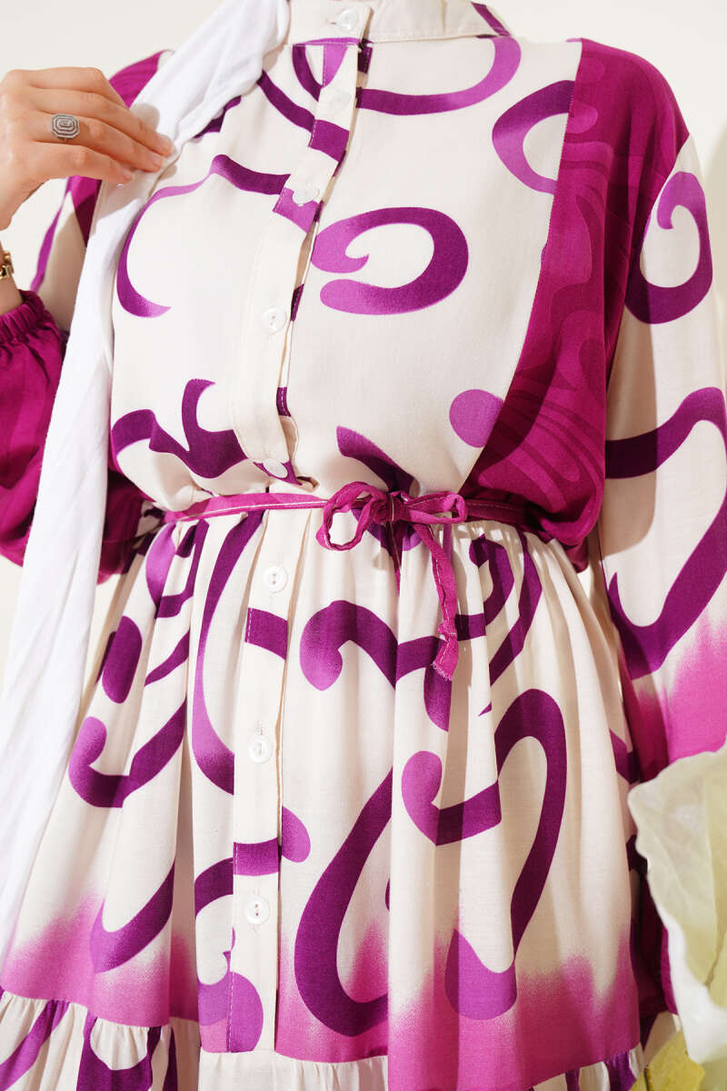 Purple & Black Buttoned Patterned Dress | Strappy Belt [Pre-Order]