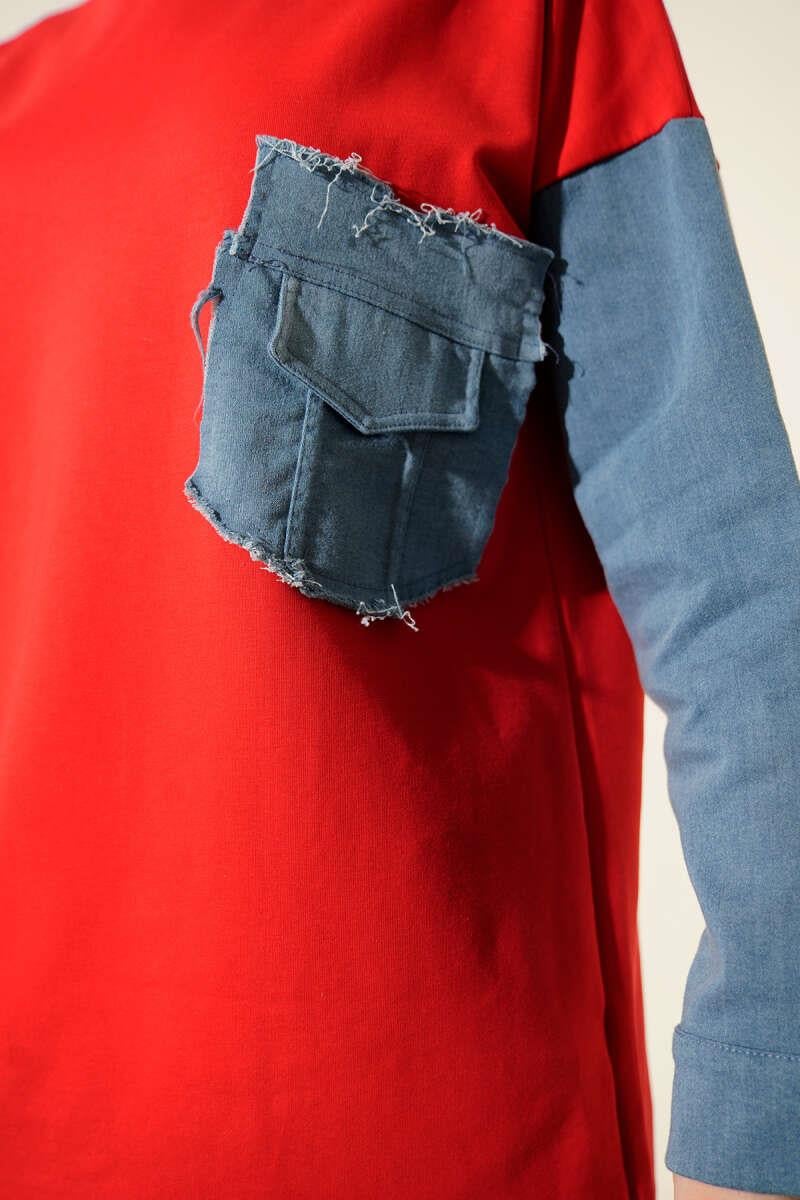 Denim Trimmed Two-String Premium Red Tunic [Pre-Order]