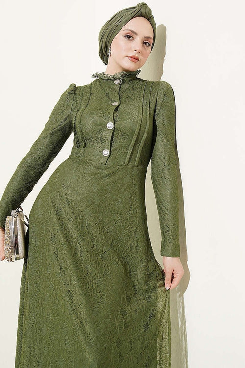 Buttoned Evening Lace Dress-Khaki