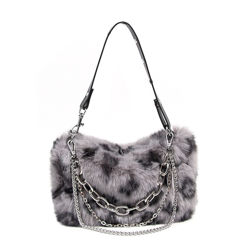 Leopard Print Bag, Underarm Bag, Plush Chain Bag