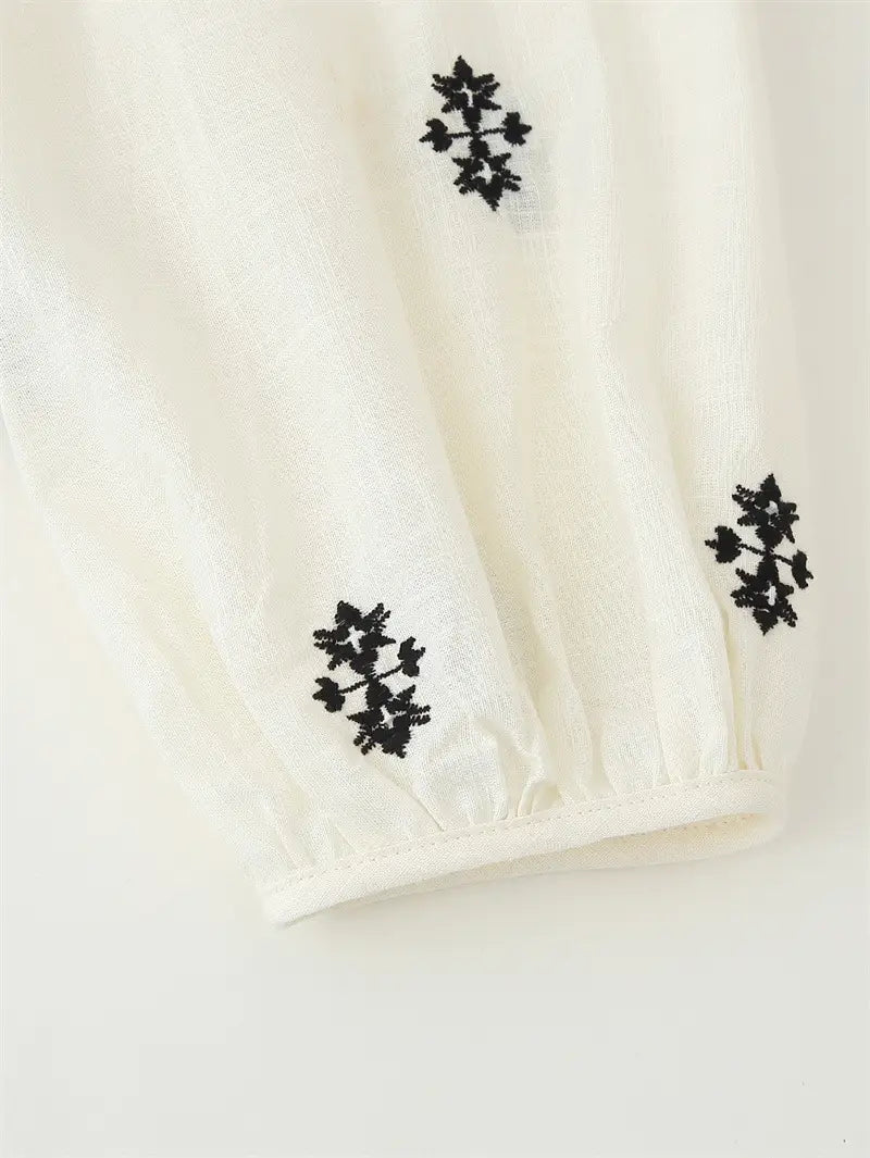 Women’s Casual Long Sleeve Lace-up Embroidered Blouse
