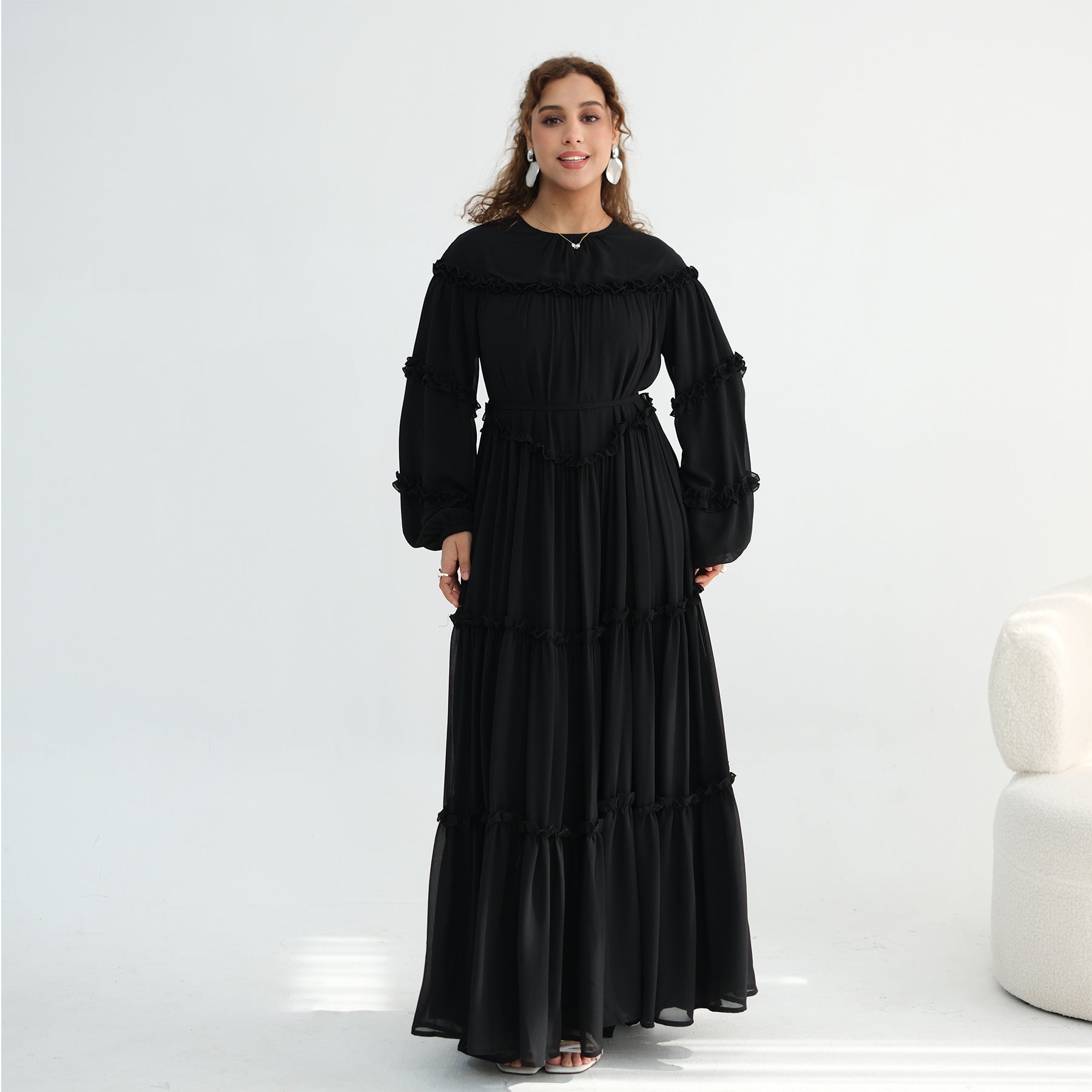Lace-Trimmed Tiered Modest Dress - Long Sleeve A-Line Maxi