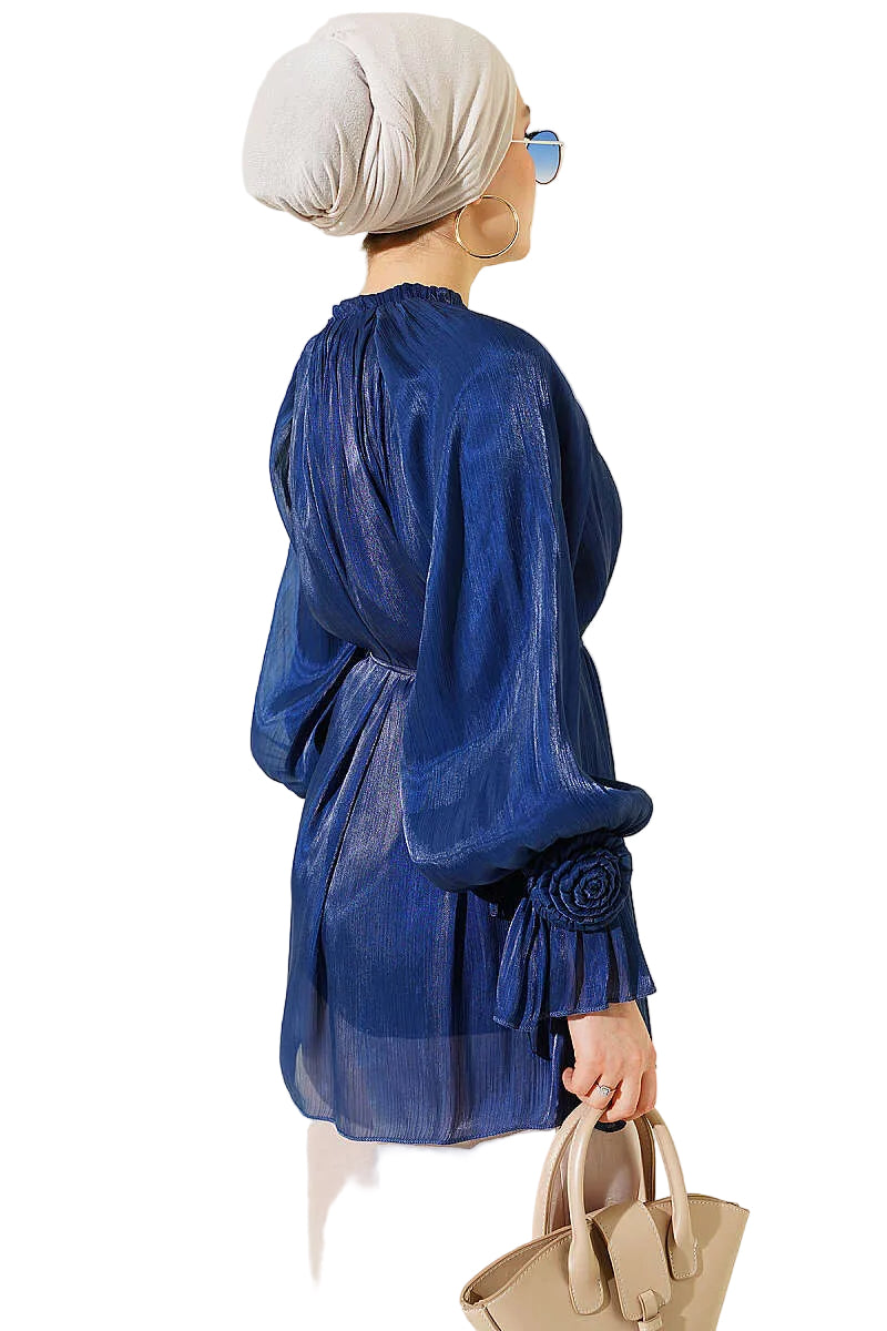 Rose Detail Evening Shirt | Navy Blue & Rose Pink | NEOMODEST London