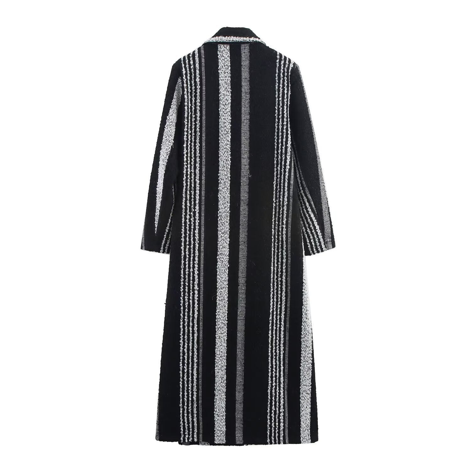 Women's Elegant Black And White Striped Woolen Coat