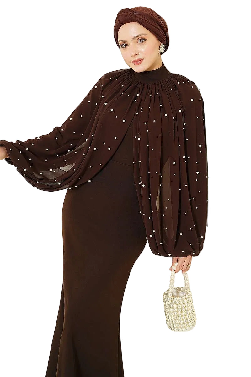 Pearl Detailed Steep Collared Evening Cape Dress [Pre-Order]