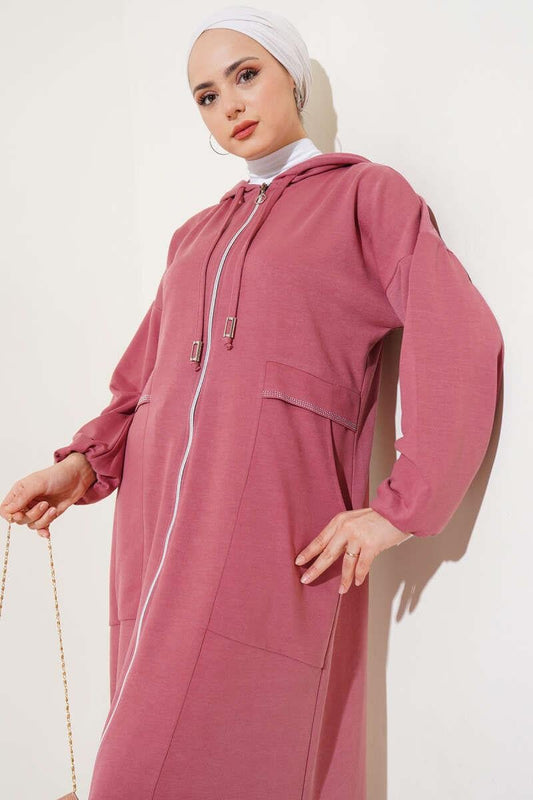 Hooded Zippered Pocket Abaya-Dusty Rose