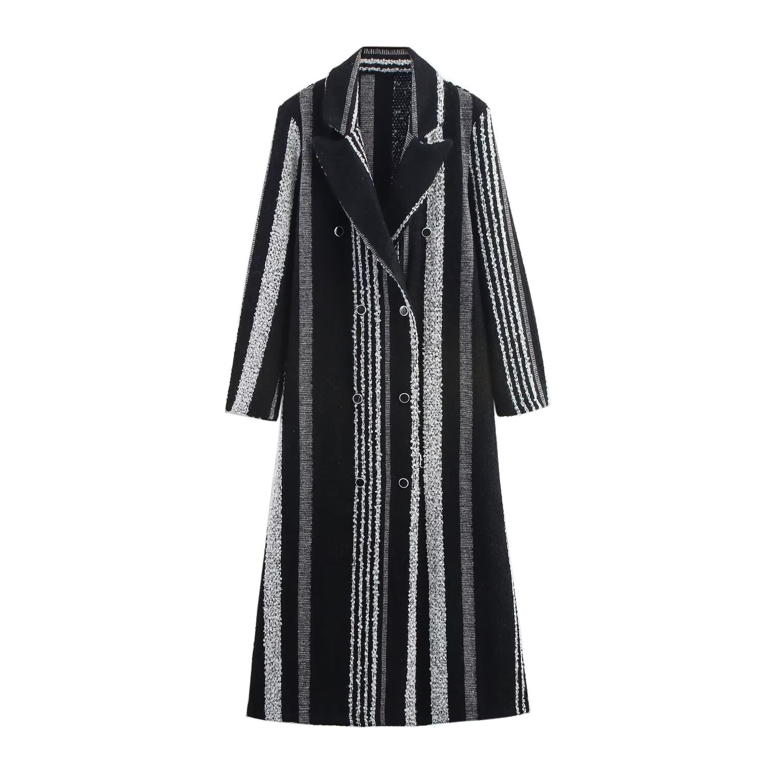 Women's Elegant Black And White Striped Woolen Coat