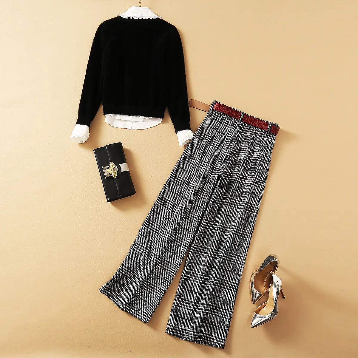 Women’s Three-Pieces Suit Wooden Ear Shirt With Mohair Sweater And Plaid Wide-leg Pants