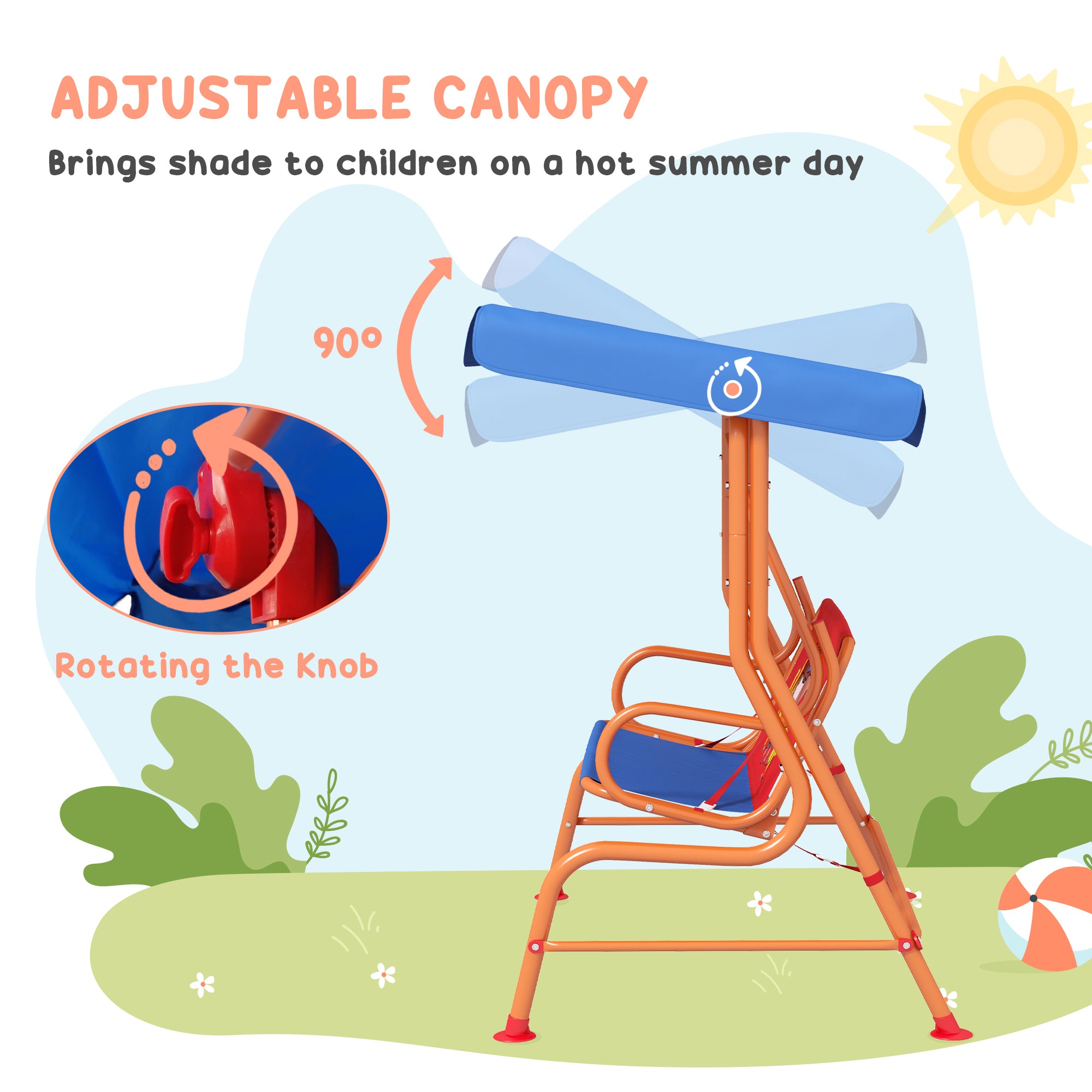 Two Seater Kids Garden Swing, Cowboy Themed Kids Swing Chair With Adjustable Canopy, Safety Belts For Outdoor Use