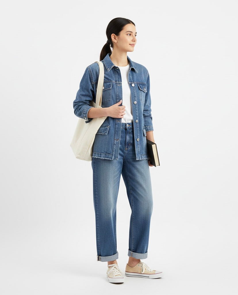 Long Denim Jacket & High Waist Curl Jeans Set | Modest Denim Co-ord