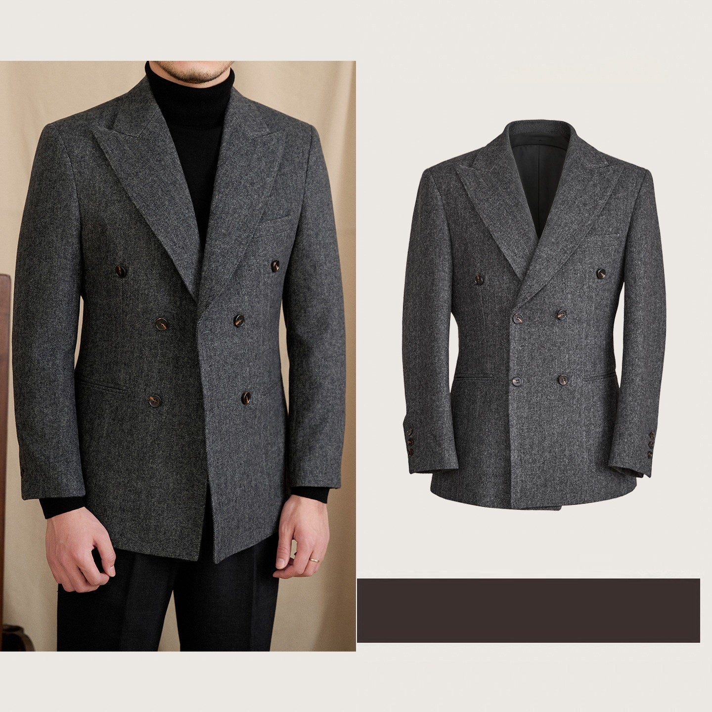 Tailored Wool-blend Herringbone Double-breasted Suit