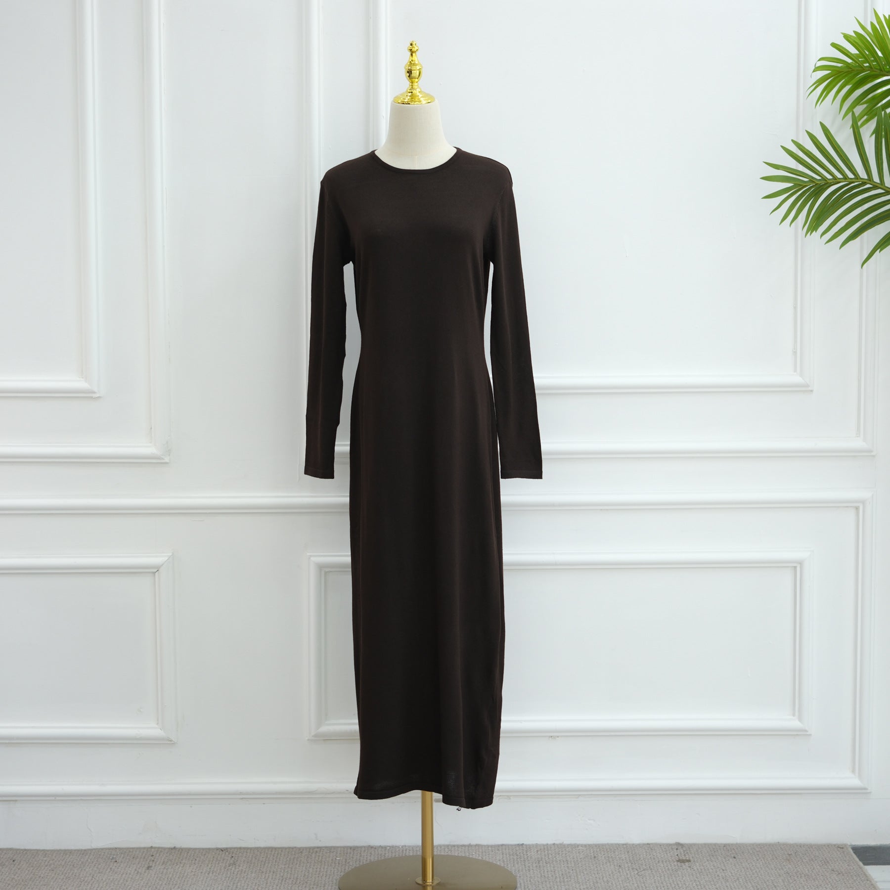 Elegant Hollow-Out Knit Dress - Modest A-Line Long Sleeve