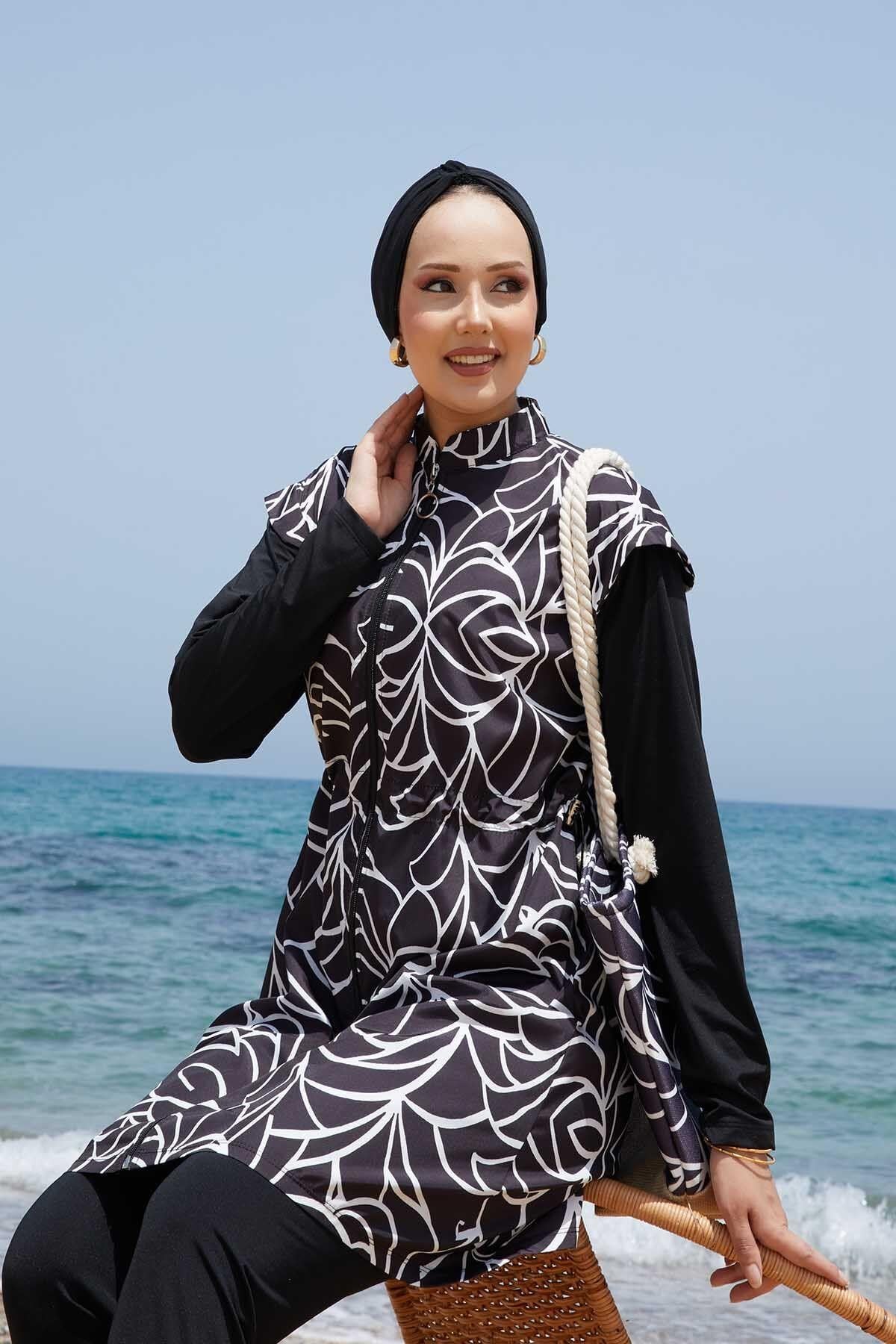 Metal Emblem Lycra Modest Swimsuit in Anthracite