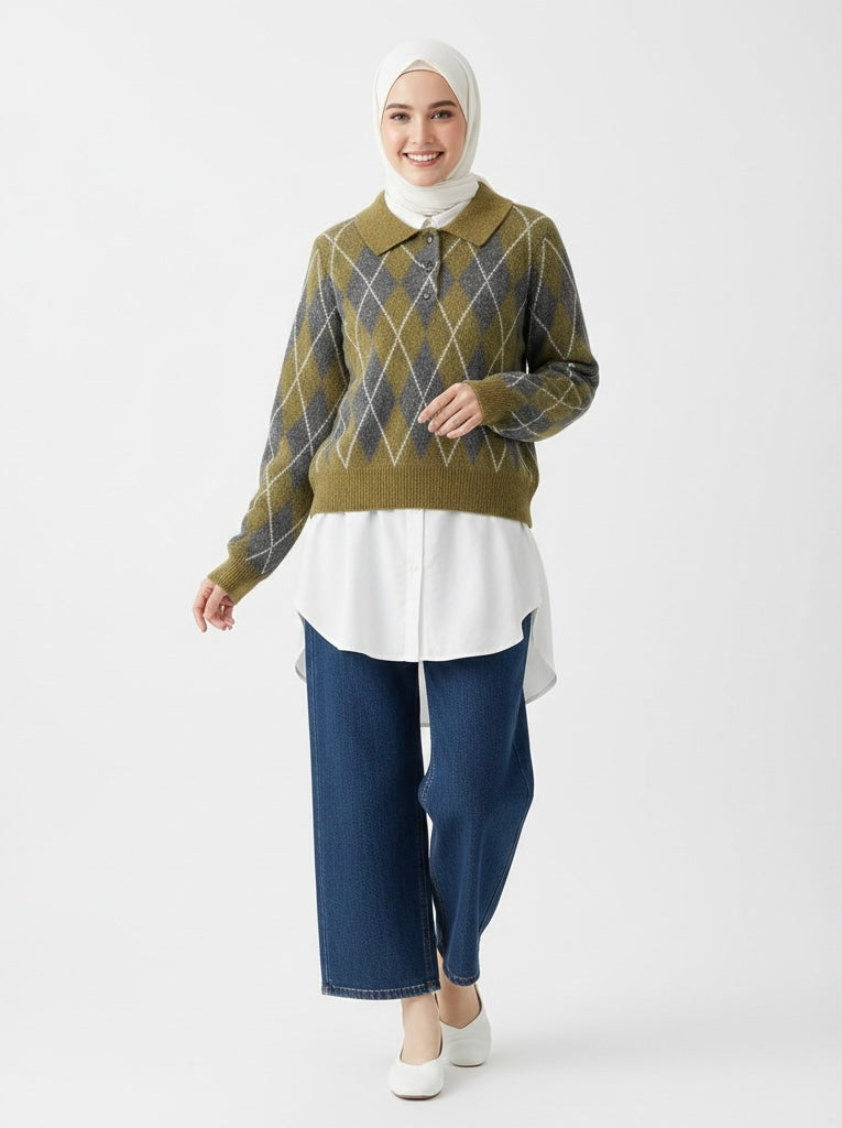 Women's Diamond-Patterned Knitted Sweater - Long Sleeve Button-Up Cardigan