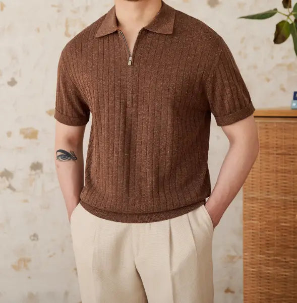 Men’s Linen Blend Lapel Zipper Stripe Short Sleeve T-shirt