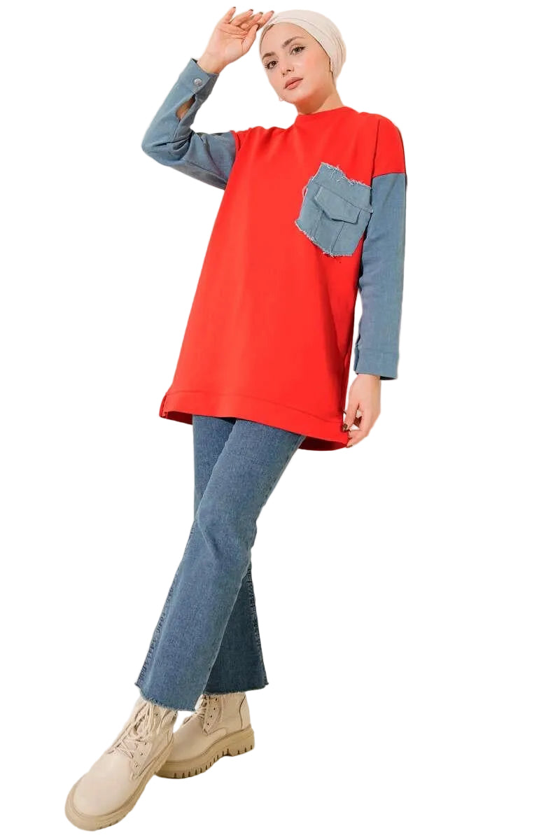 Denim Trimmed Two-String Premium Red Tunic [Pre-Order]