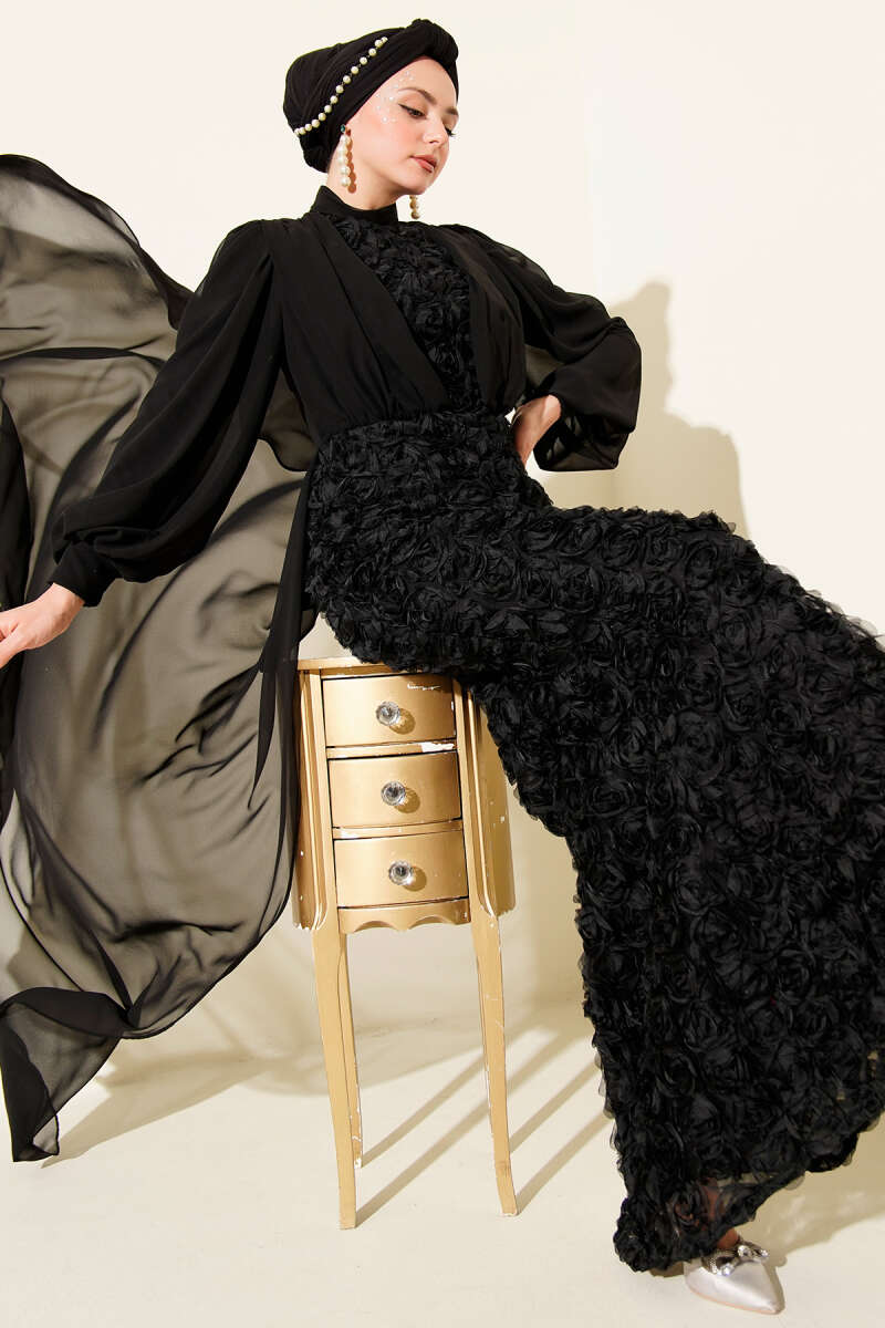 Floral Patterned Tulle Cape Evening Dress