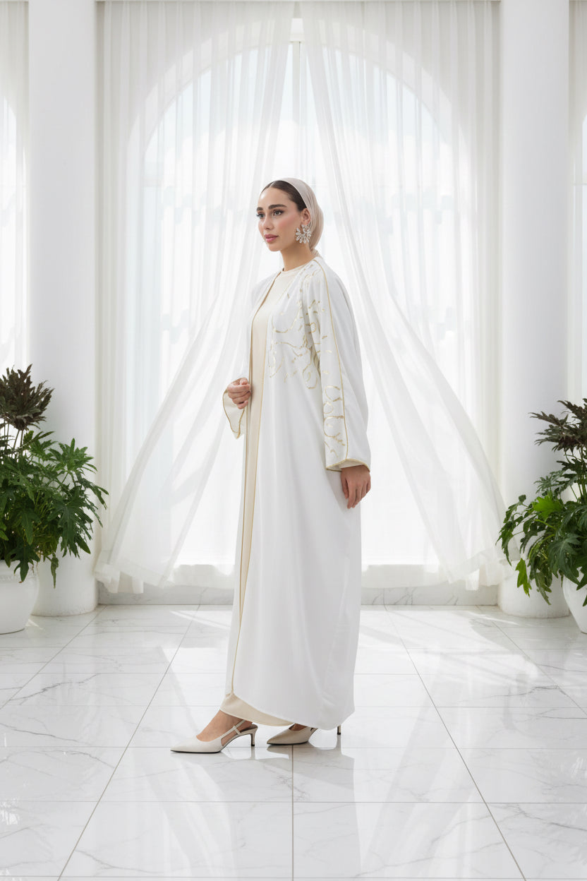 White Gold Detailed Premium Abaya | Turkish Crepe [Pre-Order]