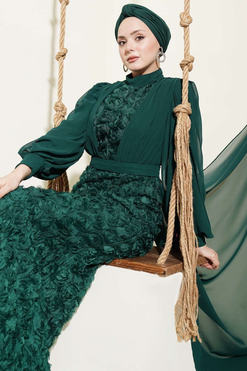 Floral Patterned Tulle Cape Evening Dress – Powder Pink & Emerald Green | Neomodest