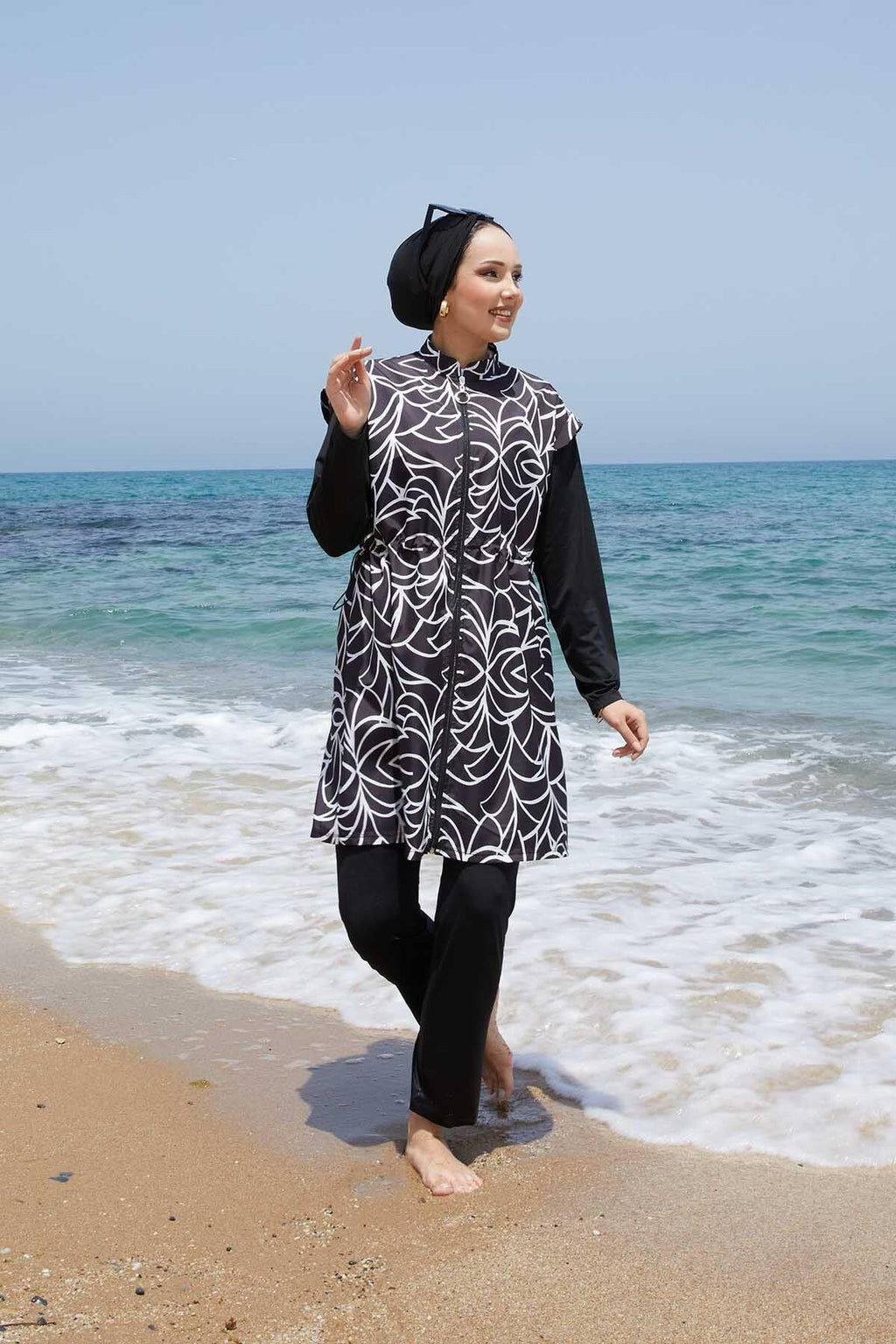Metal Emblem Lycra Modest Swimsuit in Anthracite
