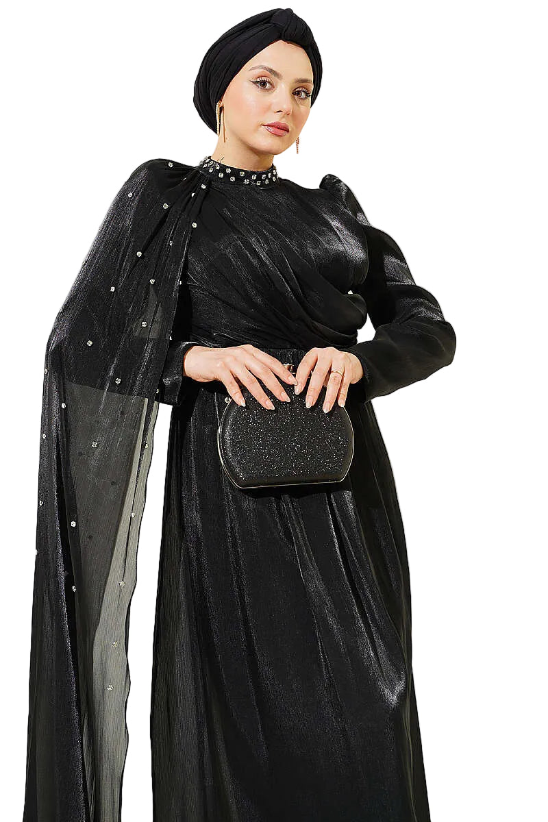 Modest One-Shoulder Cape Evening Dress with Embellishment – Brown