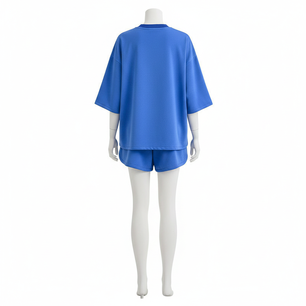 Blue outfit on a mannequin against a white background