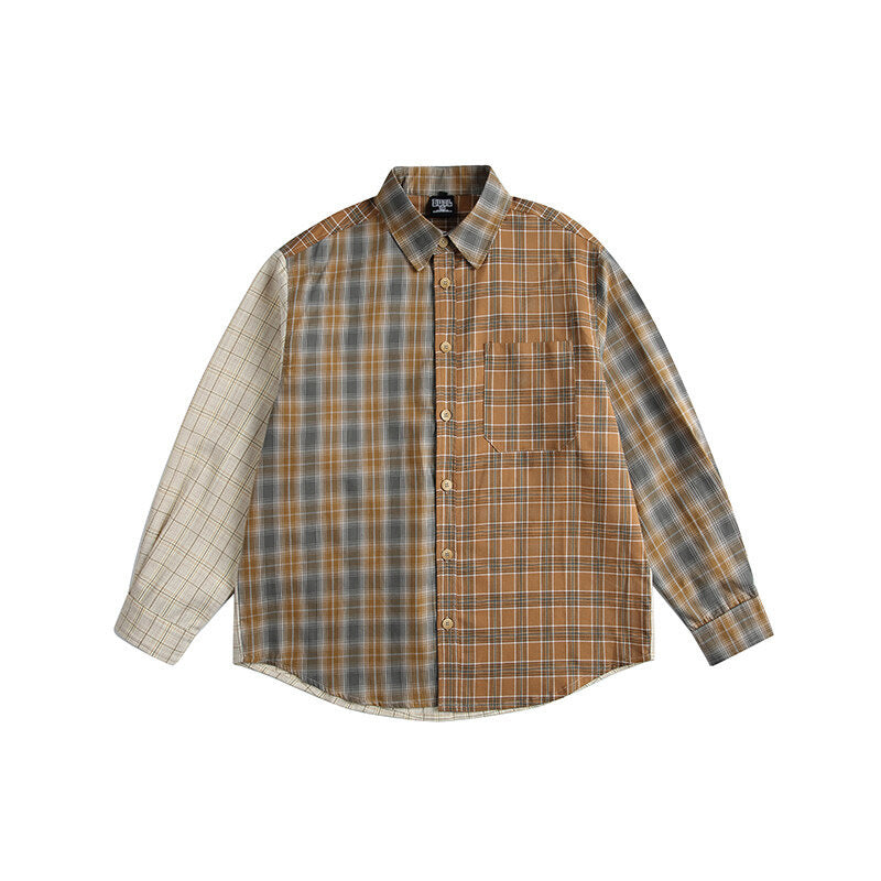 American Retro Irregular Stitching Contrast Colour Check Long Sleeve Shirt