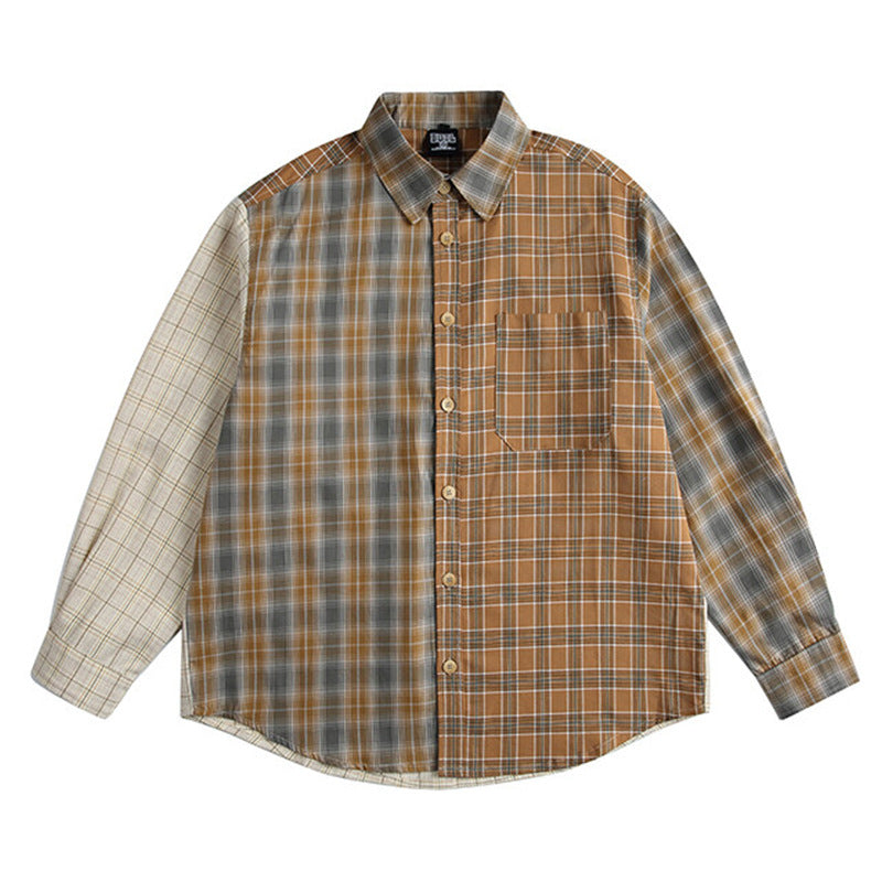 American Retro Irregular Stitching Contrast Colour Check Long Sleeve Shirt