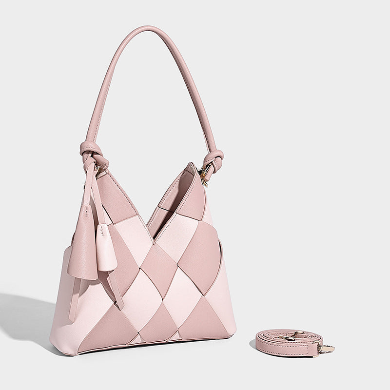 Woven Patchwork Shoulder Bag – Large Capacity Bucket Design