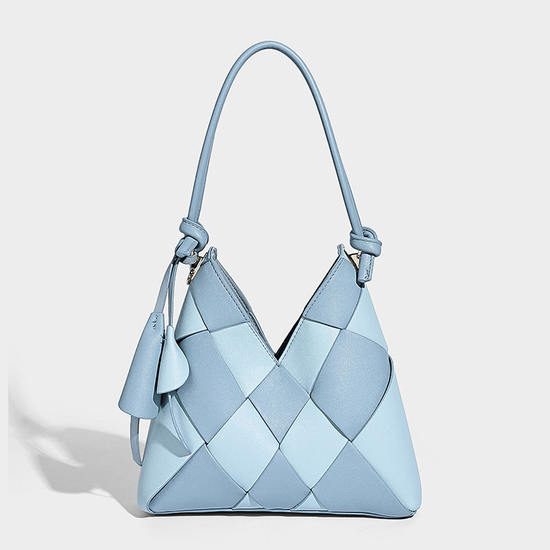 Woven Patchwork Shoulder Bag – Large Capacity Bucket Design