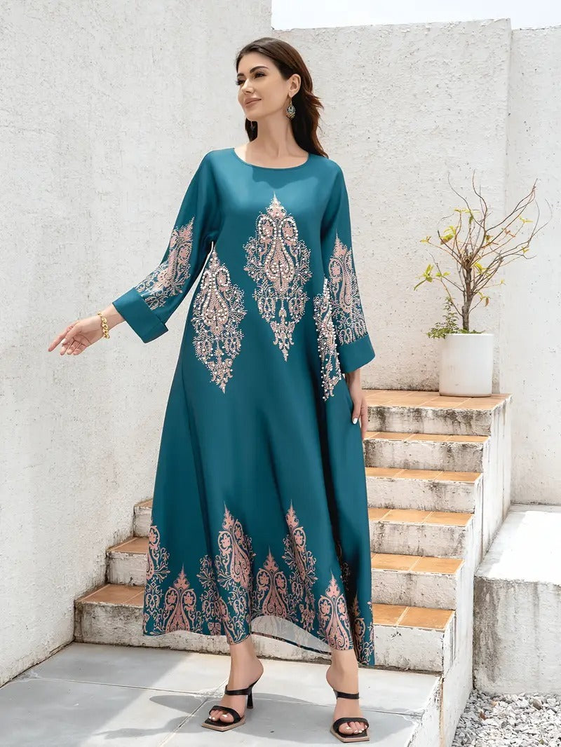 Abaya-Kleid für Damen aus dem Nahen Osten, langes Gewand mit Blumenmuster, islamische Kleidung, bescheidenes Kleid
