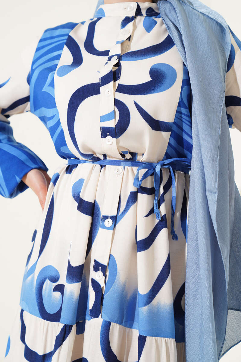 Patterned Summer Dress – Drawstring Belt | Khaki & Indigo