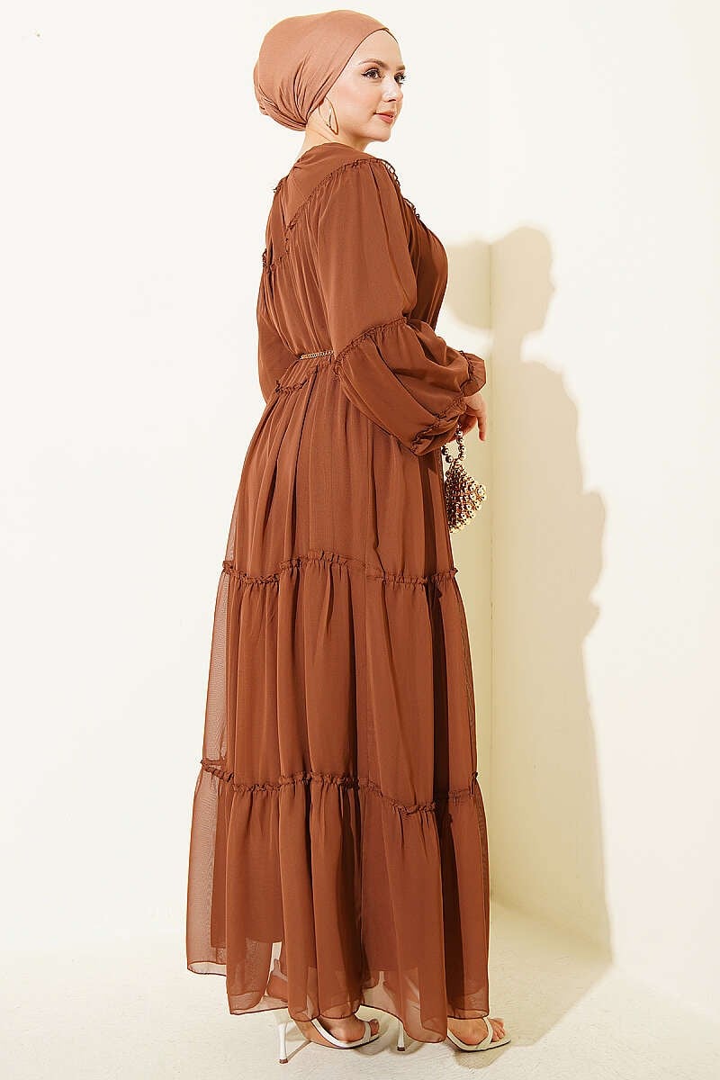 Layered Chiffon Dress with Elastic Ankles, Brown