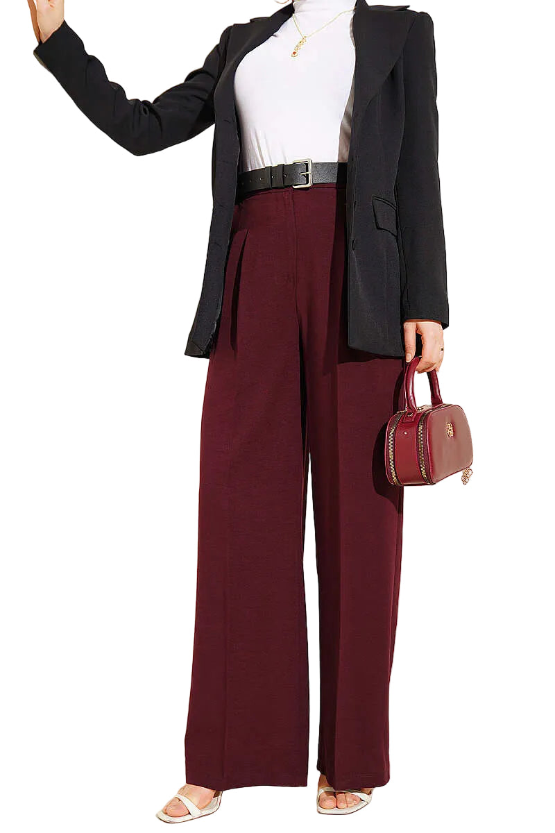 Modest Wide Leg Pleated Buttoned Palazzo Trousers – Burgundy