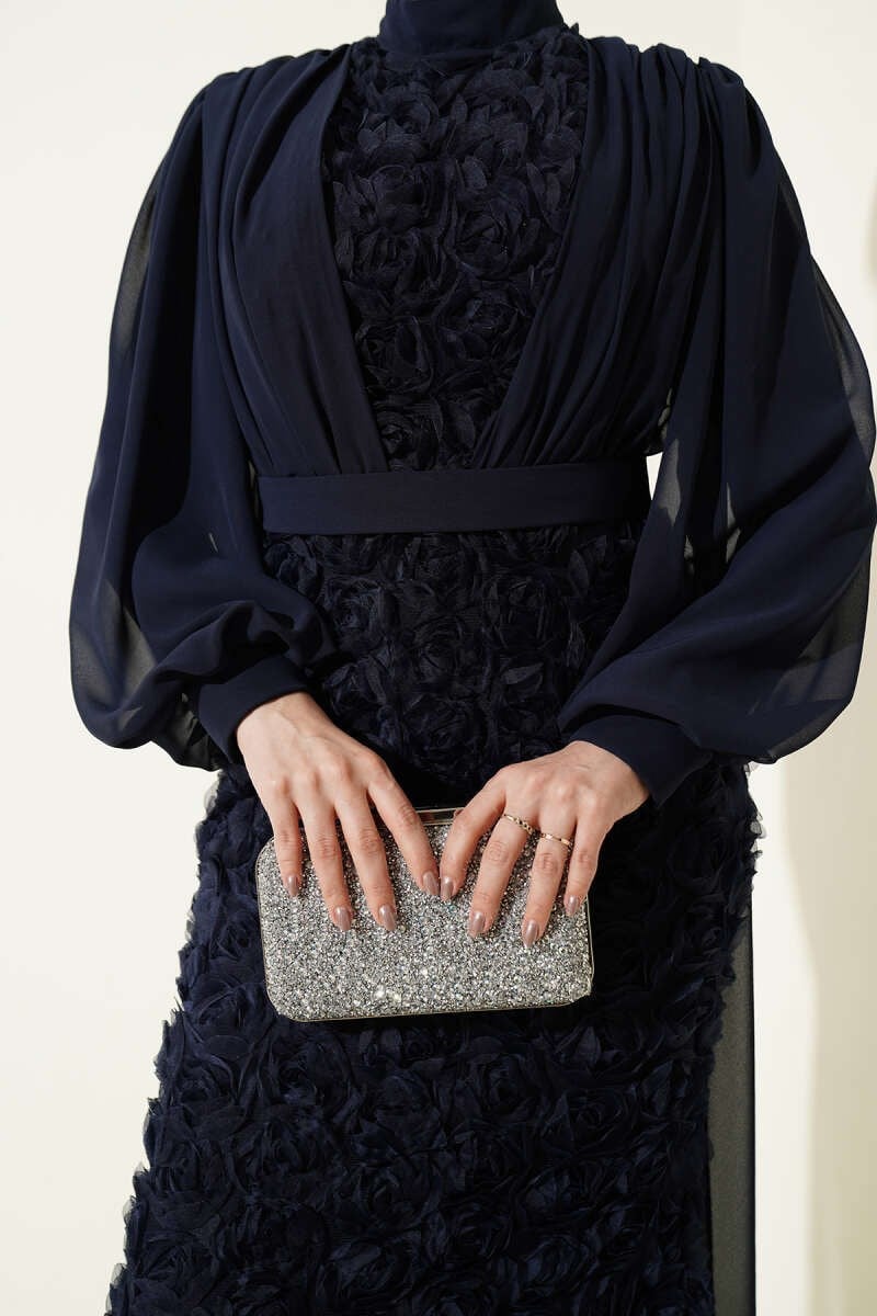 Floral Patterned Tulle Cape Evening Dress