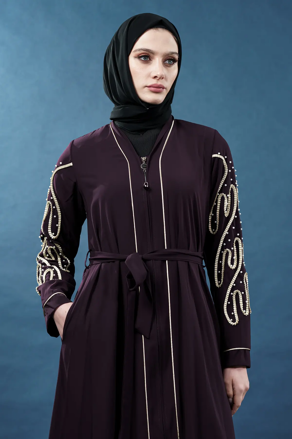 Embellished Deep Purple Abaya | Gold Embroidery & Pearl Detail | Cape Style